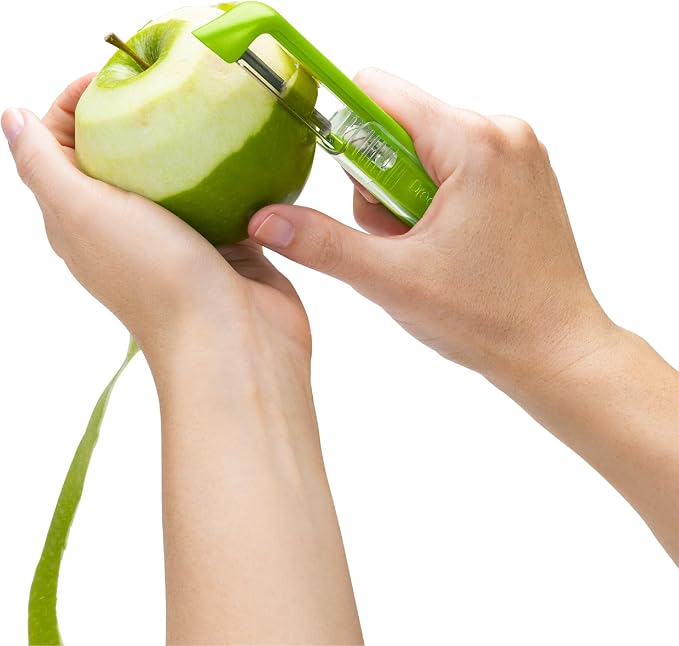 Dreamfarm Sharple Self-Sharpening Vegetable Peeler - Kermit Green | Ceramic sharpener in safety cover automatically hones stainless steel swivel blade, suitable for left & right handed use