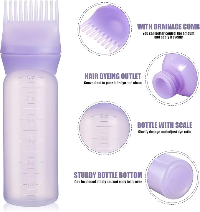 Pimoys 6Oz Root Comb Hair Dye Oil Applicator Bottles for Scalp, Purple | Plastic Squeeze Bottle Dispenser with Graduated Scale, Comb Tip Applicator For Hair Coloring Scalp Oiling, Home Salon Use