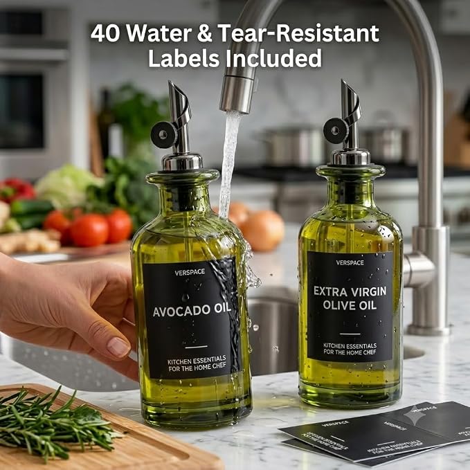Verspace UV-Protected Green Glass Olive Oil Dispenser Bottles For Kitchen - 2 Pack - 17oz Includes 40 Kitchen Essential Labels, Avocado Oil Dispenser Set, Modern Decor for Home, Airbnb, Cafe