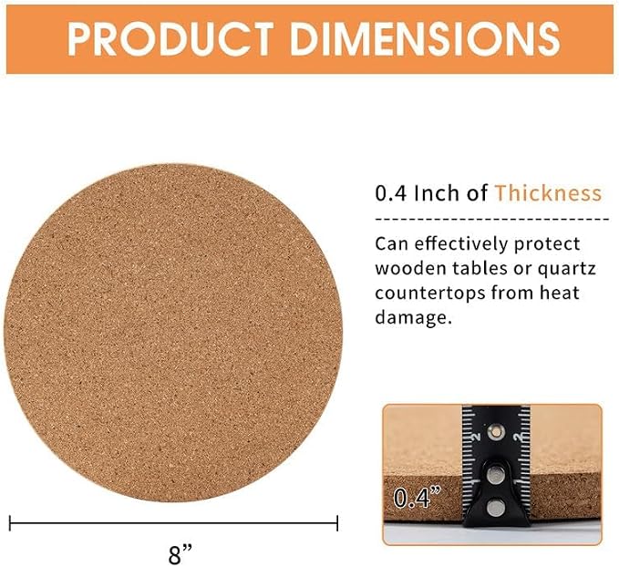 FirstGift Cork Trivet - 6 Pack High Density Cork Trivet Set- 8" Diameter x 0.4" Thick Round - Hot Pads for Table & Countertop
