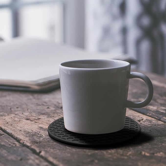 Silicone Non-Slip, Heat Resistant & Water-Trapping Trivet Mats for Water Glasses & Teacup & Coffee Cup & Dishes & Cookware, Multipurpose Kitchen Table Coaster, 3.5-Inch, Black