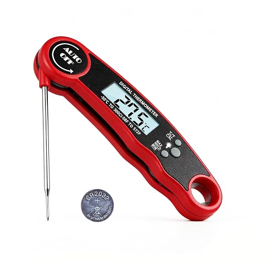 Digital Instant Read Meat Thermometer, Waterproof Red | 3-4 sec instant read cooking thermometer with ±2°F accuracy, ideal for grilling, BBQ, smoker, oven, baking & air frying