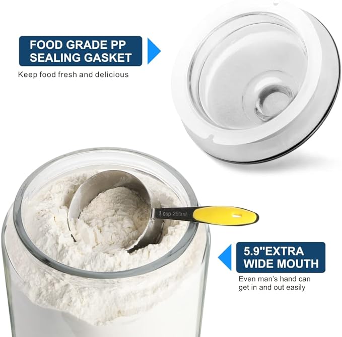 1.5 Gallon Glass Canisters with Airtight Lids, 2 Pack Flour & Cookie Jars | 5.9" Wide Mouth, Heavy Duty Glass Jar, Kitchen & Pantry Storage Containers for Cookie, Flour, Sugar, Rice, Pasta, Beans