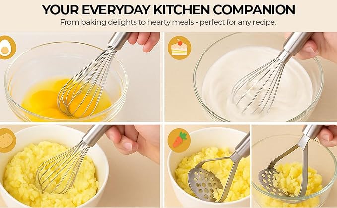 Stainless Steel Potato mashers Whisker, Hand Tool Stainless Steel Mini Kitchen Whisk with Pav Bhaji Masher Best Kitchen Tool Combo for Your Home (Whisk 25CM and Masher 20CM)