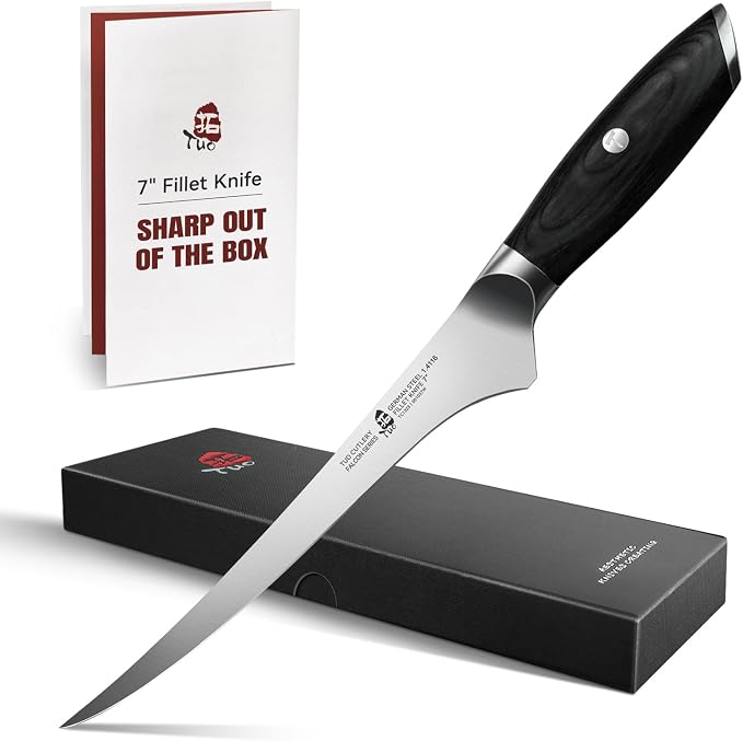 TUO Fillet Knife, 7 Inch Professional Fish Boning Knife for Trimming Meat & Poultry, Flexible Blade, High Carbon German Steel, Riveted Handle - Falcon Series