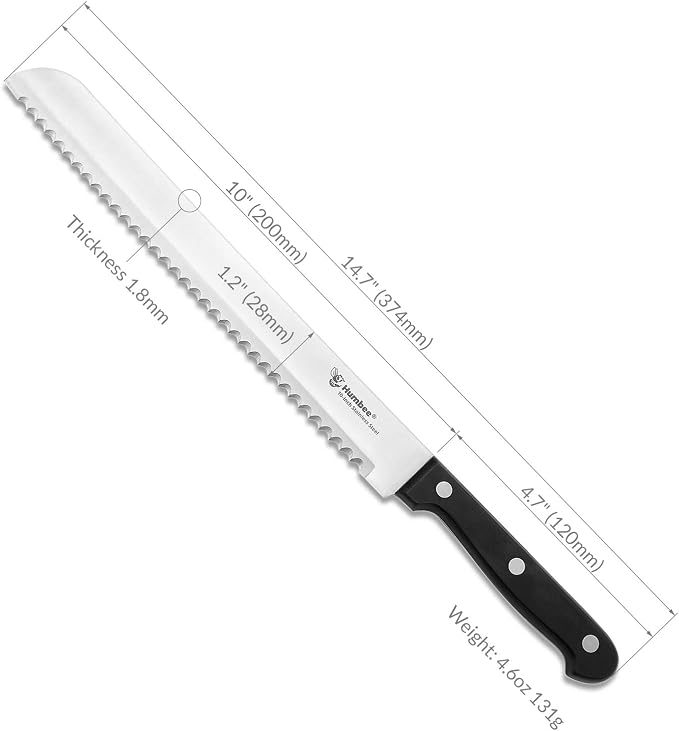 10 Inch Serrated Bread Knife, Premium Stainless Steel Blade with Wave Edge, Full Tang Handle, Razor Sharp Knife for Bread, Durable Professional Kitchen Knife