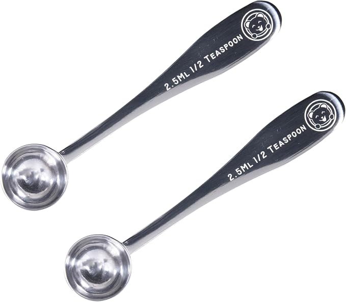 Honey Bear Kitchen 2.5 ml 1/2 Teaspoon Measuring Scoop Spoons, Polished Stainless Steel, Set of 2