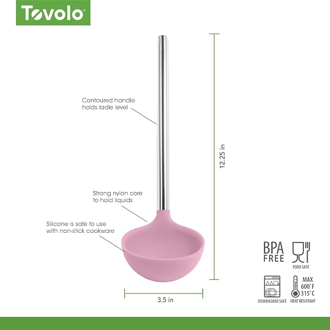 Tovolo Silicone Ladle with Stainless Steel Handle Pink Sorbet Soup Ladle Large, Dishwasher Safe Heat Resistant BPA Silicone Ladle Deep Spoon with Reinforced Nylon Core for Soup, Stew, Sauce & Punch
