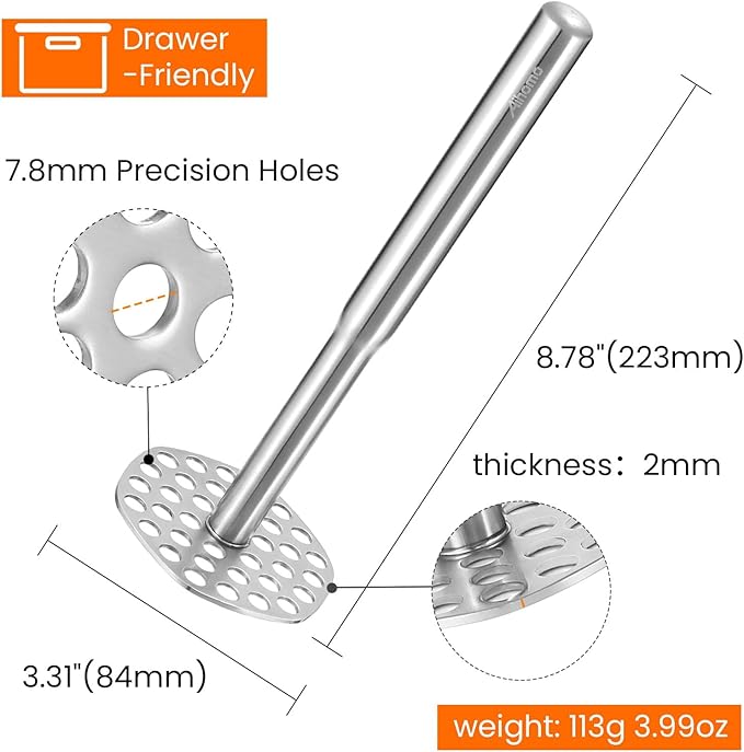 316L Stainless Steel Potato Masher Centered Handle, Integrated Masher Kitchen Tool Dishwasher Safe, Sturdy Mashed Potatoes Smasher for Beans, Avocados, Vegetables