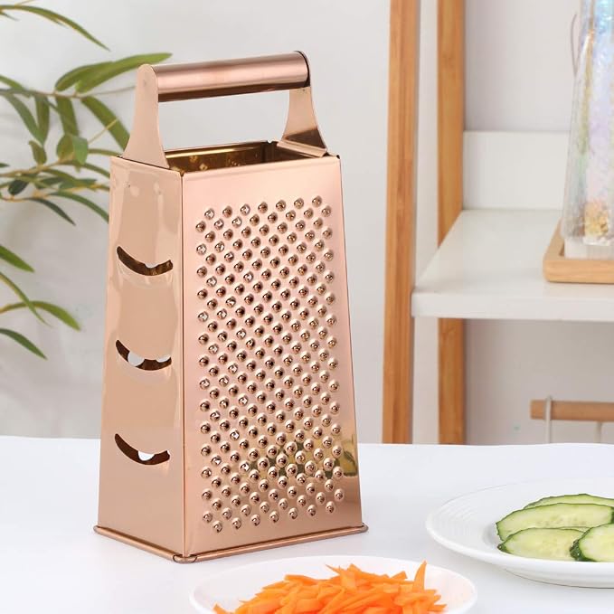 Buyer Star Handheld Cheese Grater Box for Kitchen Stainless Steel Cheese Grater with Handle for Grinding Shredding & Slicing, 4 Sided Metal Food Shredder Cheese Slicer, Dishwasher Safe, Rose Gold
