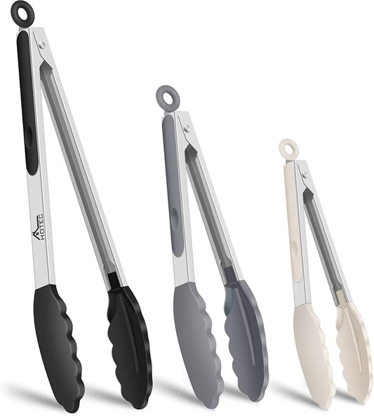 HOTEC Premium Stainless Steel Locking Kitchen Tongs with Silicon Tips, Set of 3-7", 9" and 12", Black, Grey, White