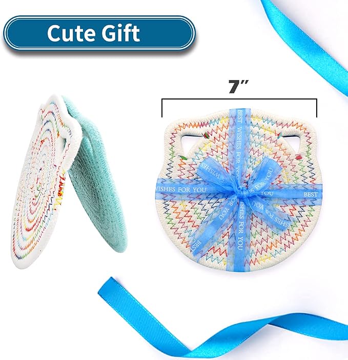 7" Pure Cotton Trivets Set with 0.35" Thick (3 Pcs, Blue) | Tightly Woven, Machine Washable, Heat Resistant, Cute Cat Kitchen Accessories for Hot Dishes Pots Pans, Decor, Gift
