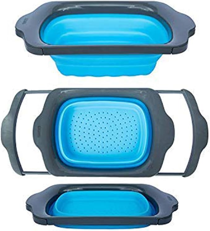 Comfify Blue XL Collapsible Silicone Over Sink Colander – 6 Quart | Blue; extends 25" to span sink; both hands free; collapses flat; 6 Qt; heat resistant 176F; pasta, veg, fruit
