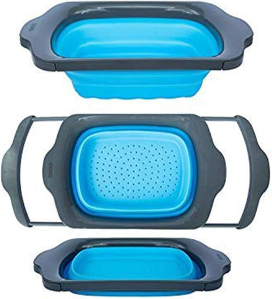Comfify Blue XL Collapsible Silicone Over Sink Colander – 6 Quart | Blue; extends 25" to span sink; both hands free; collapses flat; 6 Qt; heat resistant 176F; pasta, veg, fruit