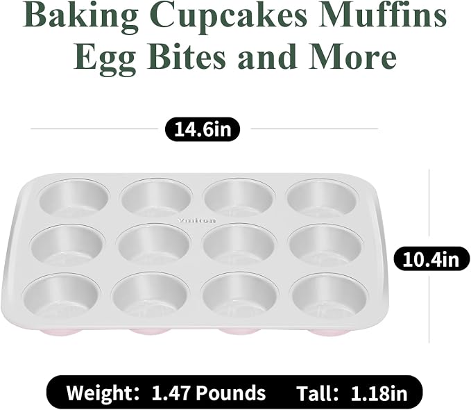 Nonstick Ceramic 12 Cup Muffin Pan, Cupcake Pan for Baking, Non-Toxic Muffin tin, Ceramic Coating, PTFE & PFOA Free, Oven Safe 550°F, Aluminized Steel (Pink)