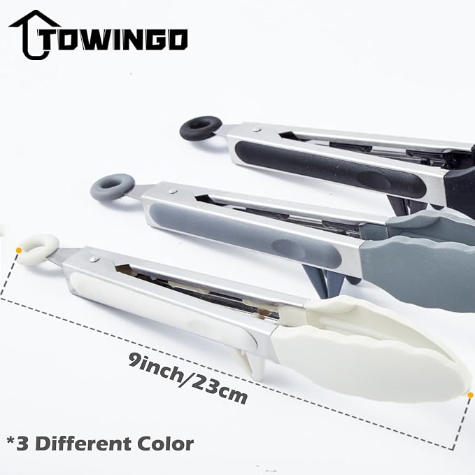 9" Kitchen Tongs, 3Pcs Tongs for Cooking with Silicone Tips, Food Grade Small Silicone Tong, Mini Serving Tong for BBQ Salad(Black,Grey, White)