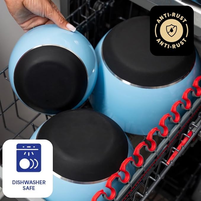 Stainless Steel Mixing Bowls Set, 3-Piece with Silicone Base | 1.5, 3 & 5 Qt Metal Bowls for Meal Prep, Baking, Cooking, Serving & Food Storage, Non-Slip Base, Dishwasher Safe, Blue