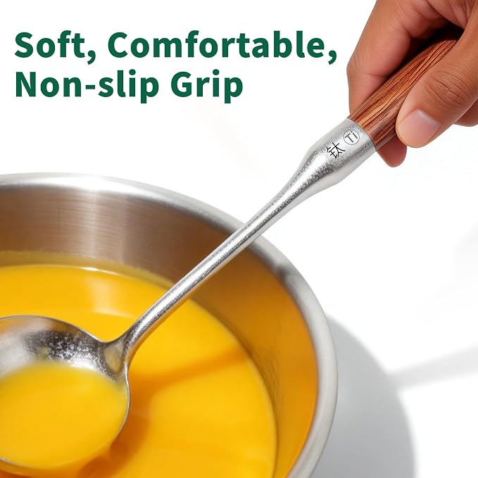Newness Soup Ladle and Solid Turner, Pure Titanium Soup Spoon and Turner | [Rustproof, Heat Resistance] Resilient, with Long Ergonomic Natural Wooden Round Handle, Non-Toxic Cooking Spoon for Kitchen