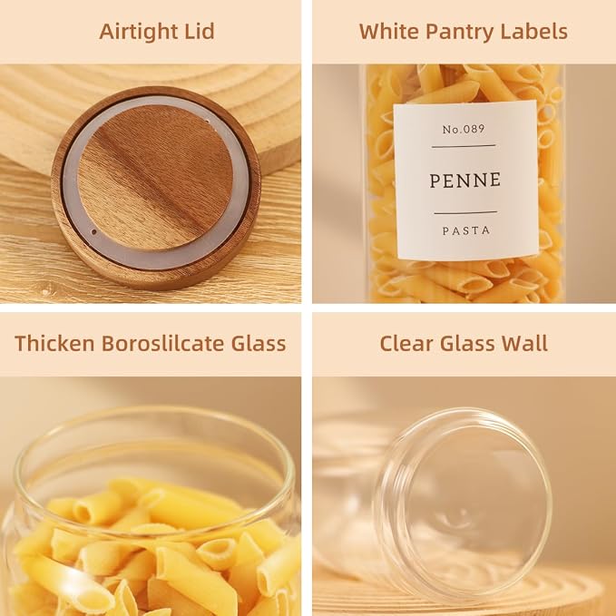 3 Pack Glass Canisters with Airtight Acacia Lids and 132 Kitchen Pantey Labels Preprint - 36 Fl OZ Borosilicate Glass Pantry Storage Jars Containers with Wooden Lids for Tea,Sugar,Cookie,Pasta,Candy