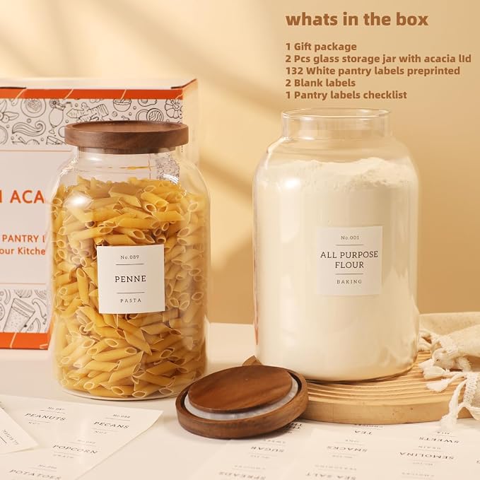 2 Pack Large Glass Flour and Sugar Storage Containers with Airtight Acacia Wood Lids and 132 Kitchen Pantey Labels Preprint - 1 Gallon Borosilicate Glass Canister Sets for Food,Pasta,Cookie,Rice