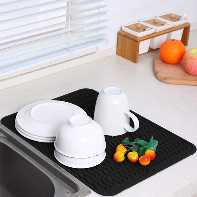 Large Dish Drying Mat, Multiple Usage Silicone Mats for Multiple Usage, Drying Mat for Kitchen Counter, 12 inches x 16 inches (Black)