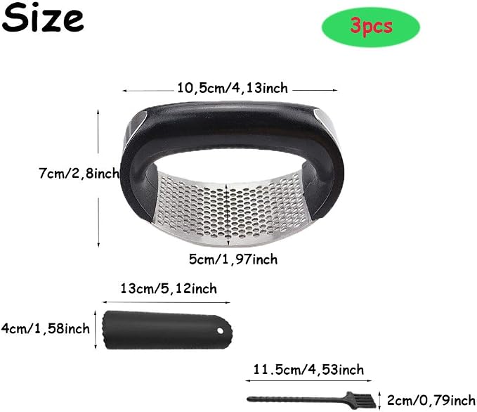 Garlic Press, Stainless Steel Garlic Press Rocker, Stainless Steel Garlic Mincer, Premium Garlic Chopper Set with Silicone Tube Garlic Peeler & Cleaning Brush (Black)
