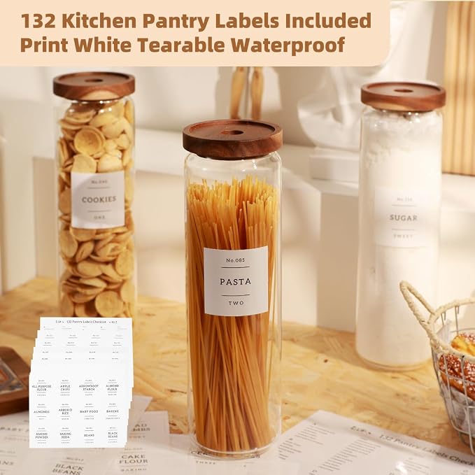 3 Pack Glass Canisters with Airtight Acacia Lids and 132 Kitchen Pantey Labels Preprint - 51 Fl Oz Borosilicate Glass Pantry Storage Jars Containers with Wooden Lids for Pasta,Spaghetti,Cereal,Noodles