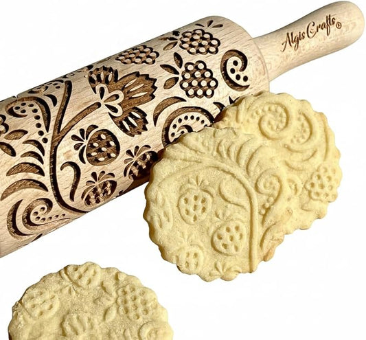 STRAWBERRY embossing rolling pin. Engraved wooden embossed dough roller for embossed cookies or clay by Algis Crafts