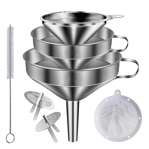 Stainless Steel Funnels for Kitchen use,3PCS Kitchen Metal Funnel with 2 Removable Strainer,Cleaning Brush,200 Mesh Food Filter,Funnel for Filling Bottles,for Transferring of Liquid,Oils,Jam