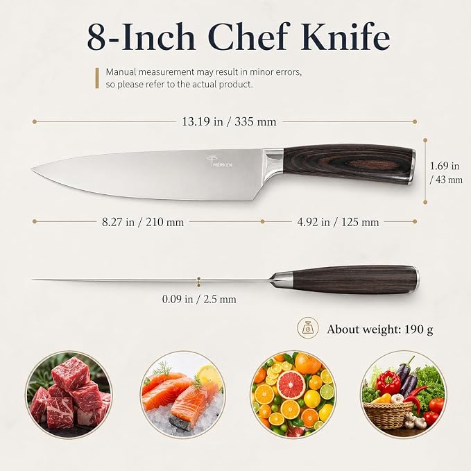 MERKEN 8 Inch Chef Knife, 5Cr15MoV High Carbon Stainless Steel Blade with Pakkawood Handle