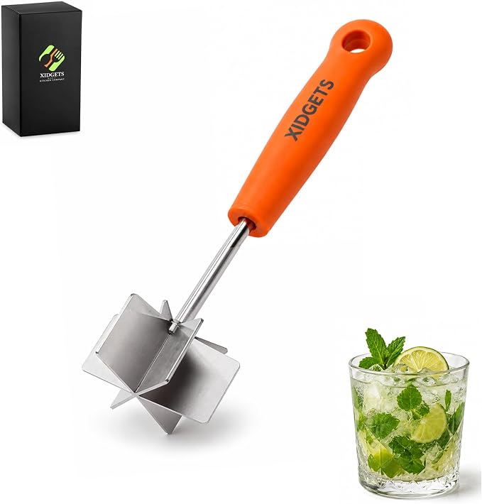 Stainless Steel Mini Meat Chopper & Cocktail Muddler| 6-Blade Chopper Tool | Small Smasher | Compact Ergonomic Handle | Dishwasher Safe - 7" (Retro Orange Mini)