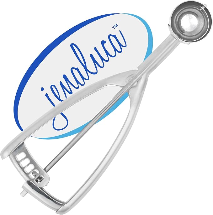 Jenaluca Small Cookie Scoop, 18/8 Stainless Steel, 2 Tsp, Size #100 | Disher for cookies, chocolate chip dough & melon balls. Squeeze-release handle. Right and left handed. Dishwasher safe.