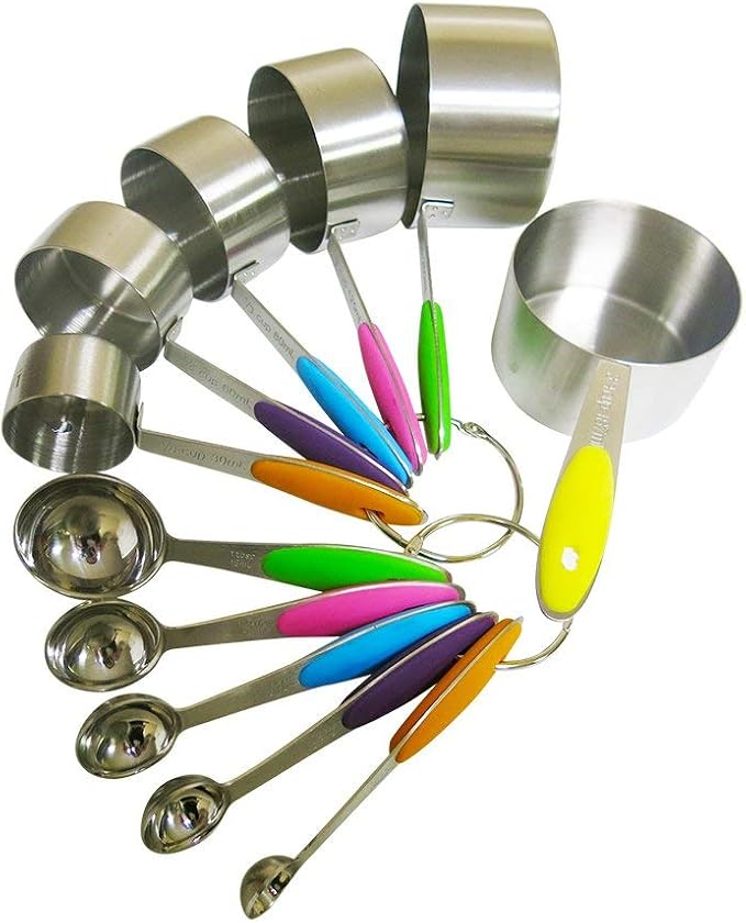 New Version! 11 Piece Measuring Cups And Spoons Set by Laxinis World | Sturdy Stainless Steel Stackable 6 Cups and 5 Spoons with Soft Silicone Handles to Measure Dry and Liquid Ingredients