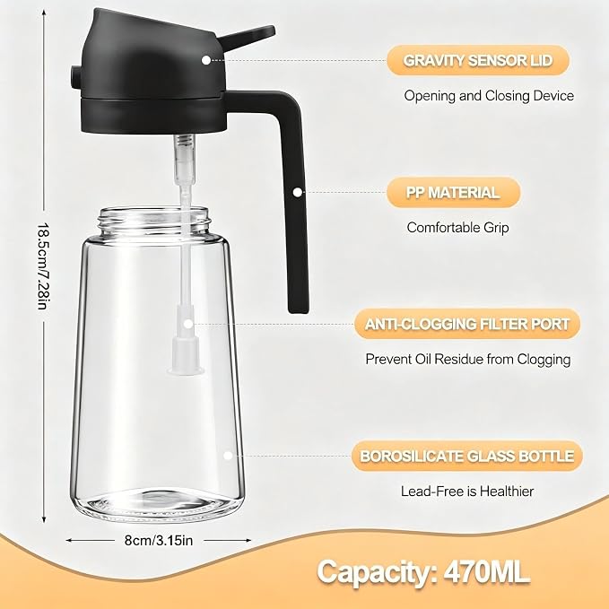 2 in 1 Olive Oil Spray Bottle, 470ml/16oz Glass Oil Sprayer for Home and Kitchen, Olive Oil Dispenser Bottle for Air Fryer, Salad, BBQ (Black)