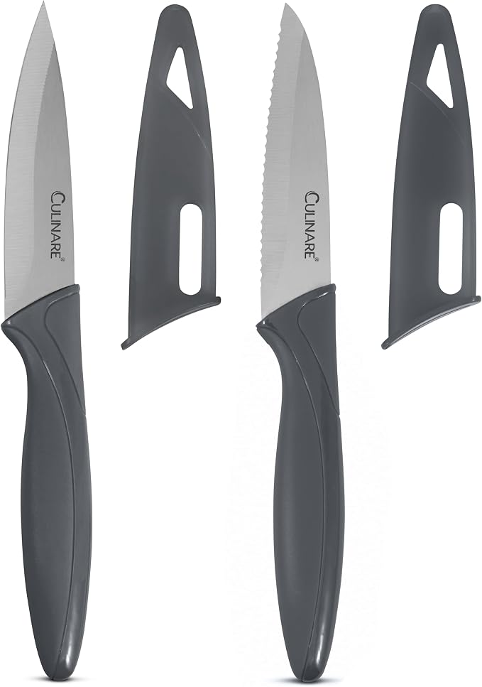 CULINARE 2 Piece Knife Set, Grey, Stainless Steel, 9cm Ultra Sharp Blades, 2 x Kitchen Knives with Protection Covers, Smooth Cutting/Firm Grip/Non-Slip Handle, Dishwasher Safe