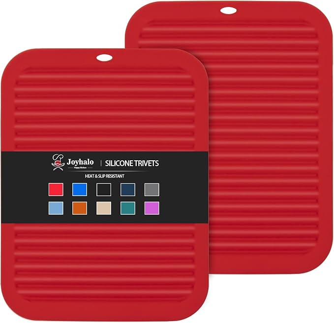 2 Pack Square Trivets for Hot Dishes | 9*12in Silicone Hot Pads for Kitchen,Hot Pots and Pans, Protect Table, Countertops, Heat Resistance to 480°F, Red