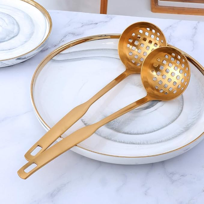 Buyer Star 2 Pcs Soup Ladle Colander, Gold Cookware Serving Long Handle Steel Slotted Spoon Cooking Utensil Set for Hotpot
