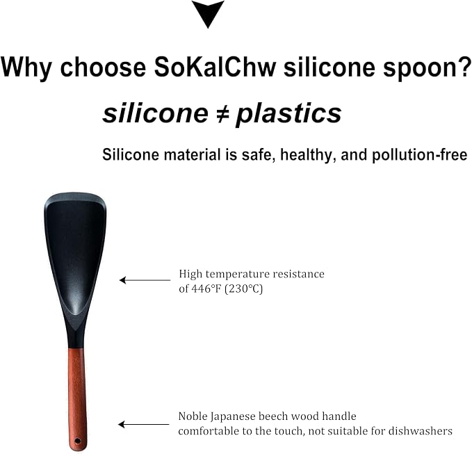 Spatula Spoon and Rice Spoons with Wooden Handle, Food Grade Silicone Great for Cooking, Mixing, Scooper, Scrape, Non stick Heat Resistant (black, Rice set 2 pcs)