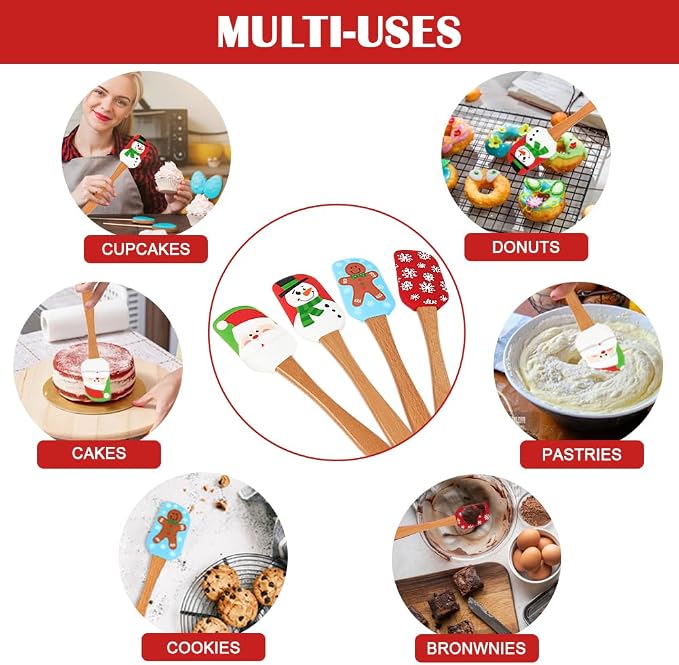 BOYAN Christmas Silicone Spatula, Set of 4, Christmas Spatulas with Wooden Handle for Baking, Kitchen Utensils Baking Supplies for Cooking, Gifts and Decoration