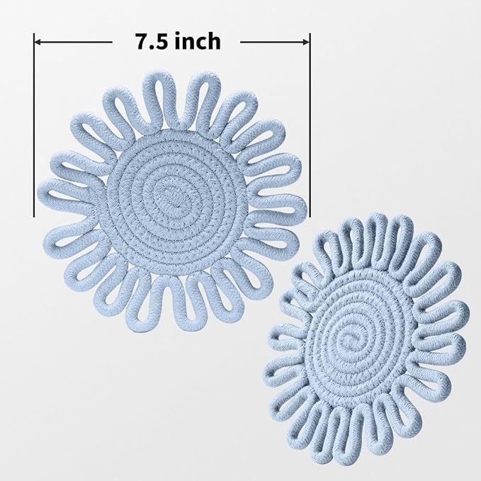 Kitchen Trivets for Hot Dishes Potholders for Countertop Hot Pads Hot Mats or Trivets for Hot Pots and Pans Home Essentials Boho Farmhouse Kitchen Decor Set of 3, 100% Cotton,7.5" (Dusty Blue)