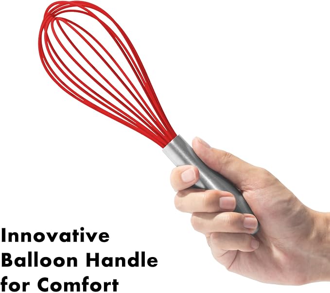 OYV 10-Inch Red Silicone Whisk, Heat Resistant 480°F Kitchen Whisk with Stainless Steel Ergonomic Handle, Non-Scratch for Nonstick Cookware, Dishwasher Safe, Perfect for Blending, Cooking & Beating