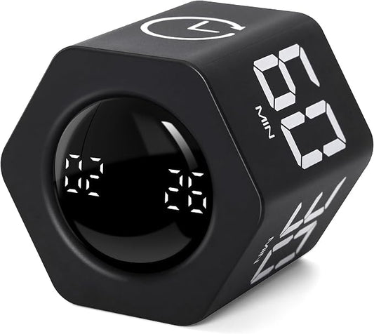 Productivity Timer 1, 5, 10, 30, 60 Minutes Preset, Desk Cube Timer with Gravity Sensor/Mute/Vibration for ADHD, Work, Study, Kitchen, Back to School (Black)