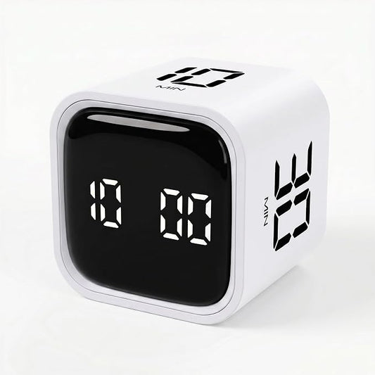 Pomodoro Timer Cube, Productivity Visual Timer Flip, 5/10/30/60 Min Preset Custom Countdown, ADHD Tool Rotating Countdown Stopwatch, Vibrate/High/Low Volume, for Study, Work, Game, Kitchen-White
