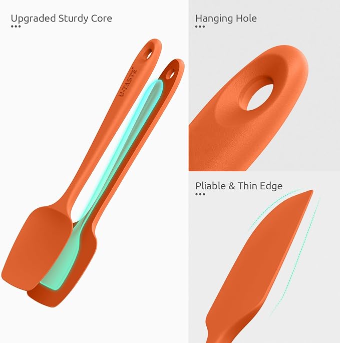 U-Taste Flat Spatula & Spoon Spatula: 11.38in 600ºF Heat Resistant Silicone Bowl Scraper, Flexible Rubber Kitchen Cooking Mixing Utensil with Upgraded Non-Stick Surface (Set of 2, Orange)