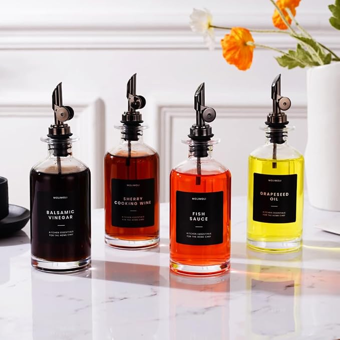 Molimoli Olive Oil Dispenser Bottle for Kitchen With Weighted Pourer - Glass Cruet Set of 4 | 350ml