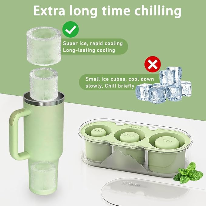 Ice Mold for Stanley Cup 30/40 Oz - Easy Fill and Release Without Touching Ice, Silicone Ice Cube Tray with Clear Lid and Bin for Freezer, Whiskey, Cocktail (Green)