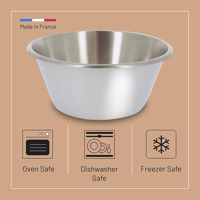 de Buyer Stainless Steel Mixing Bowl with Flat Bottom - 9.5”, 3.7 qt - Mix, Stir, Whip, Mash, Whisk & Combine - Dishwasher Safe - Made in France