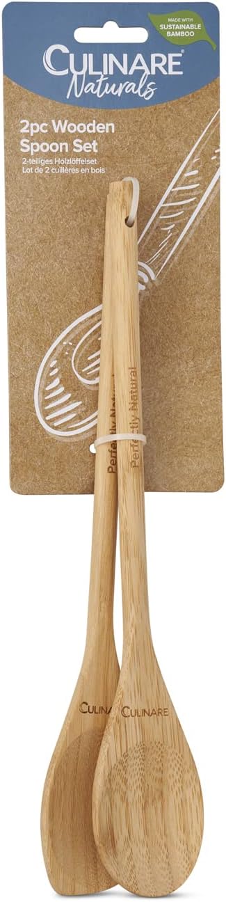 Culinare Naturals C70019 2 Piece Wooden Spoon, Sustainable Bamboo, (L) 310 mm x (W) 60 mm, Kitchen Cooking Spoon Utensils/Tools, Includes 2 x Long Wood Spoons, Not Dishwasher Safe