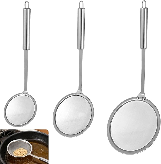 3 Pcs Fine Mesh Skimmer Spoons - Stainless Steel Hot Pot Fat Strainer for Oil Filter Skimming, Grease and Foam Removal, Multi-Functional Kitchen Cooking Mesh Strainer Ladle Set, 3 Sizes