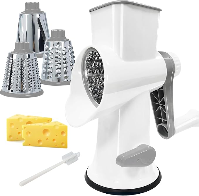 Cheese Grater with Handle,Multifunctional Rotary Cheese Grater,Kitchen Cheese Shredder Can Easily Chop Vegetables,Potatoes,Carrots,Etc.The Suction Cup is Stable and Easy to Clean (white)
